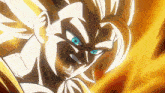a close up of a dragon ball z character 's face with blue eyes