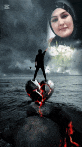 a man is standing on a broken heart in the ocean