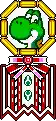 a pixel art of a green dinosaur sitting on top of a red and white building with a bow .
