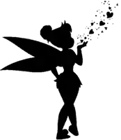 a silhouette of tinkerbell from disney 's tinkerbell blowing hearts out of her hand .