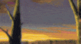 a pixelated painting of a sunset with trees in the foreground