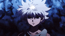 a close up of a cartoon character with white hair and blue eyes