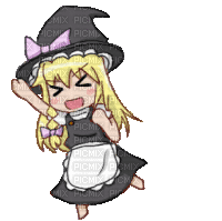 a pixel art of a girl in a witch costume .