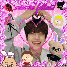a picture of a boy surrounded by stuffed animals and cartoon characters with the words moran fellas written above him