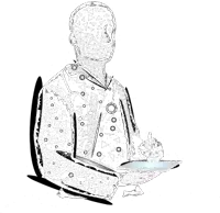 a black and white drawing of a man holding a plate and spoon .
