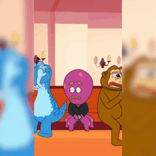 a group of cartoon characters including a monkey and a blue dinosaur