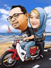 a cartoon of a man and woman riding a red motorcycle