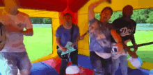partying playing inflatable castle something new set it off
