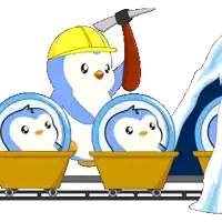 a penguin wearing a hard hat is holding a hammer while penguins are in carts