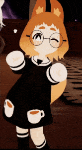a cartoon character wearing glasses and a black dress with coffee cups on her sleeves