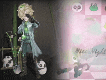 a cartoon character is standing next to a panda bear and the words miss night are visible