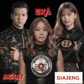a man and two women standing next to each other with beast and diajeng written in red
