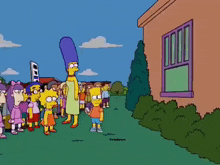 a group of cartoon characters standing in front of a building with a sign that says cbs