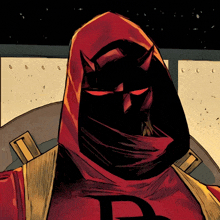 a comic book character wearing a red shirt with a letter b on it