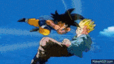 a cartoon of goku and gohan flying through the air .