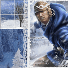 a man in a blue jacket is standing in the snow with a picture of a snowy forest in the background