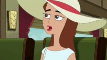 a cartoon woman wearing a white hat with a red band