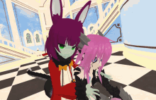 a couple of anime characters standing next to each other on a checkerboard floor