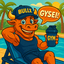 a bull wearing a hat that says bullyx is holding a gym shaker