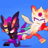 two cartoon characters are fighting each other in a video game .