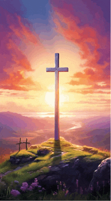 a painting of a cross on top of a hill with a sunset in the background