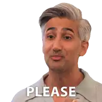 a man with gray hair is smiling and says please