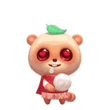 a teddy bear with red eyes and a green leaf on its head is holding a cotton ball .