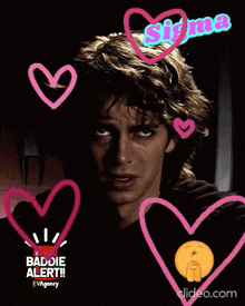 a man is surrounded by pink hearts and the word sigma is written above him