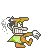a pixel art cartoon of a man with a green cape holding a fist .
