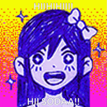a cartoon girl with blue hair and a bow on her head is smiling and says hi sodaa !
