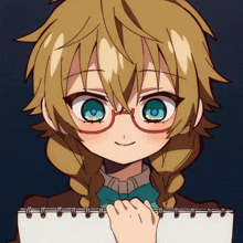 a girl wearing glasses is holding a notebook