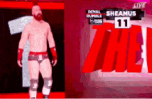 a shirtless wrestler stands in front of a sign that says the