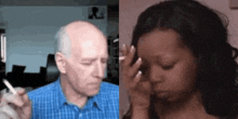 a man is smoking a cigarette and a woman is crying .