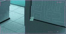 a green screen with a pink border shows a corner of a room with a door