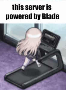 a girl is running on a treadmill in a room with the words `` this server is powered by blade '' .