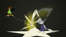 a cartoon of a girl and a goat fighting with a sword