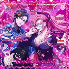 a couple of anime characters standing next to each other on a pink background