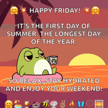 a frog drinking a cup of coffee on a float with the words happy friday
