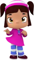 a cartoon girl in a pink dress and blue striped pants