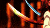 a person with red hair is holding two swords in their hand