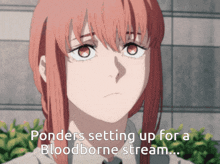 a picture of a girl with the caption " ponders setting up for a bloodborne stream ... "