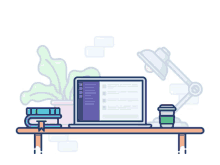 an illustration of a desk with a laptop and a cup of coffee