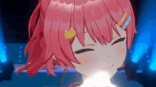 a close up of a pink haired anime girl with a microphone