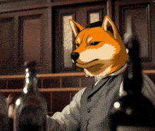 a man with a dog 's head on his chest holds a bottle