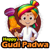 a boy in a turban is holding an umbrella with the words happy gudi padwa written below him