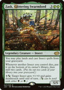 a green card that says zask glittering swarmlord on the top