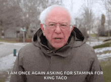a man in a hooded jacket says " i am once again asking for stamina for king taco "