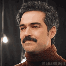 a man with a mustache is wearing a turtleneck sweater