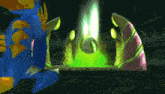 a blue and orange cartoon character is standing in front of a green object