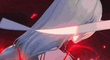 a woman with long white hair is holding a sword in her hand .